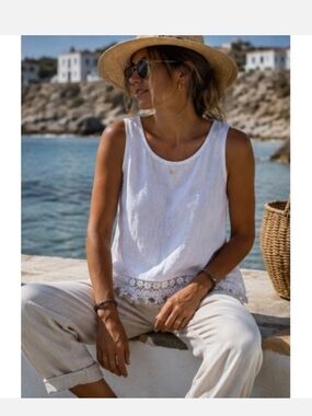 NWT Terzo Millennio Sleeveless White Lace-Hem 100% Linen Tank Top Sz M